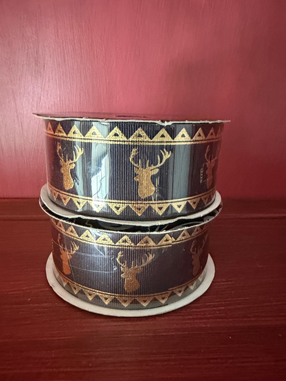 Holiday Deer Print Ribbon - Gold on Black - Brand: